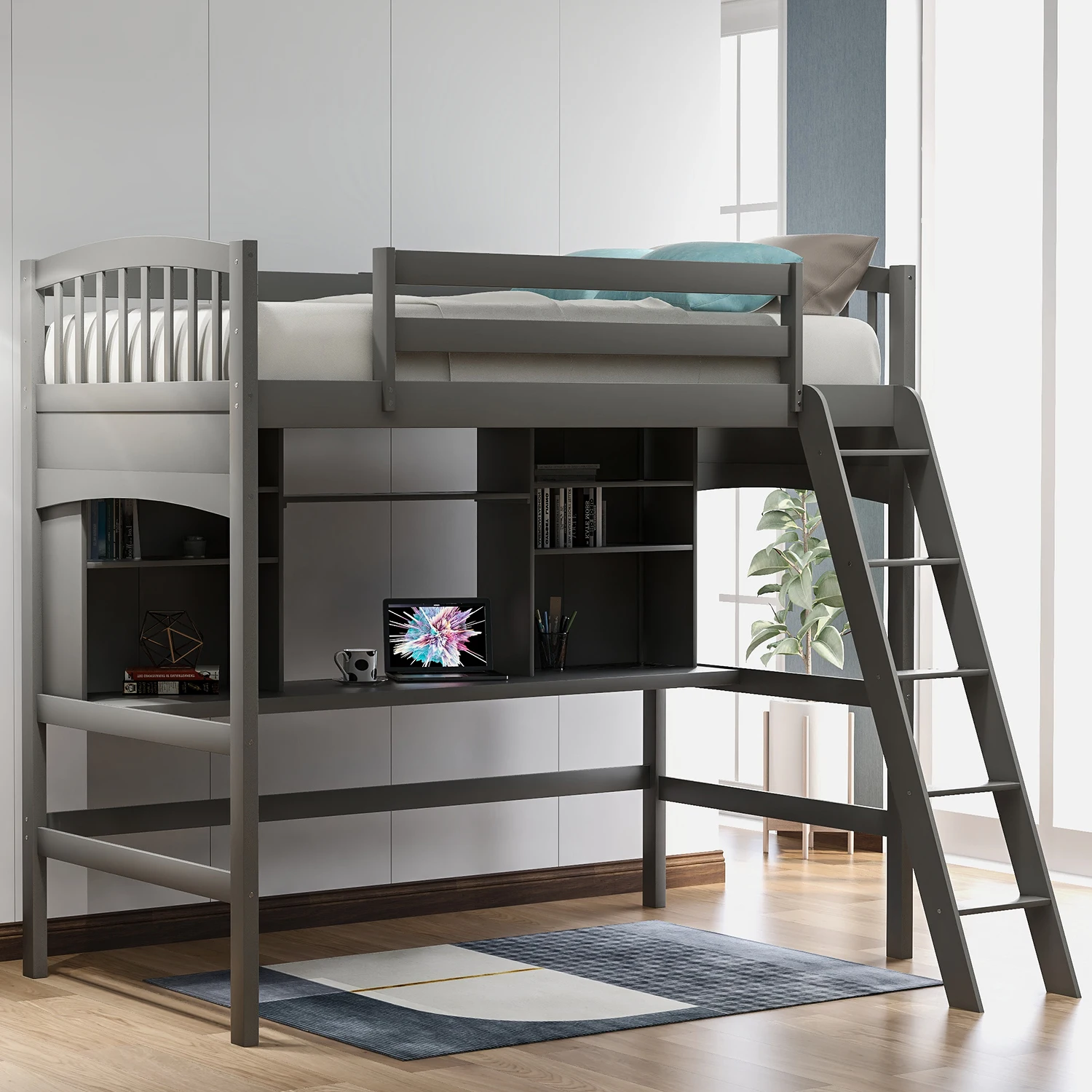 Twin Size Loft Bed with Storage Shelves Study Desk and Ladder  80