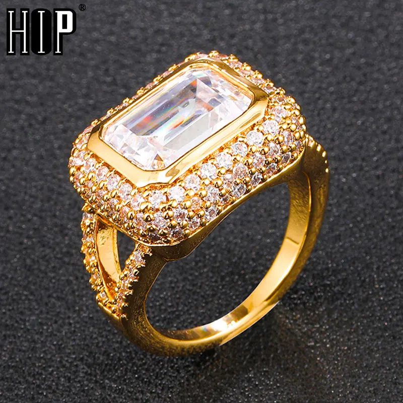 Hip Hop Popular CZ Stones Large Square Stone Rings Tready Bling Iced Out Copper Cubic Zirconia Ring For Men Women Jewelry