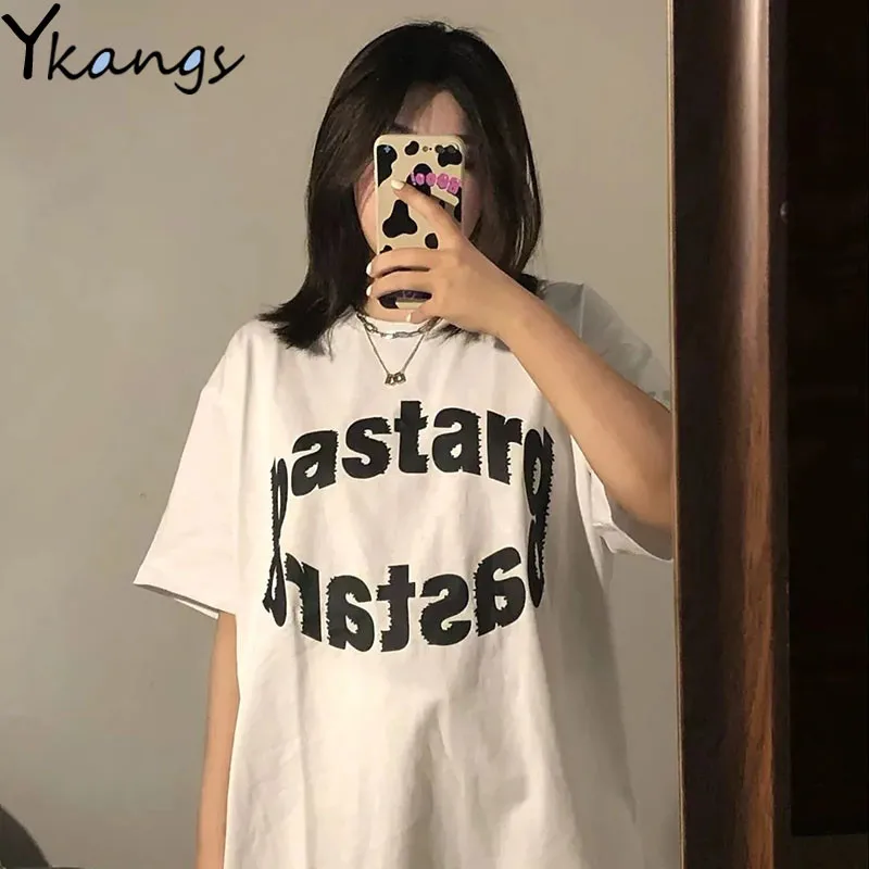 White Letter Print Crew Neck T-Shirt Summer Loose Women Sports Short Sleeves Korean Style Campus Style All-match Lady Sports Top