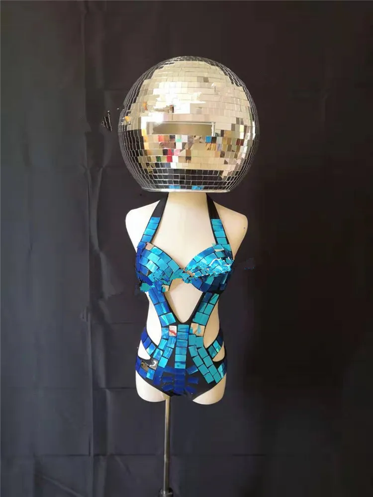 bikini mirror helmet costumes silver mirror costume helmet Female stage dance dress Catwalk dj wears