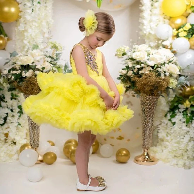 

Yellow Gorgeous Jeweled Flower Girl Dresses Puffy Wedding Party Princess Birthday Pageant Robe De Demoiselle