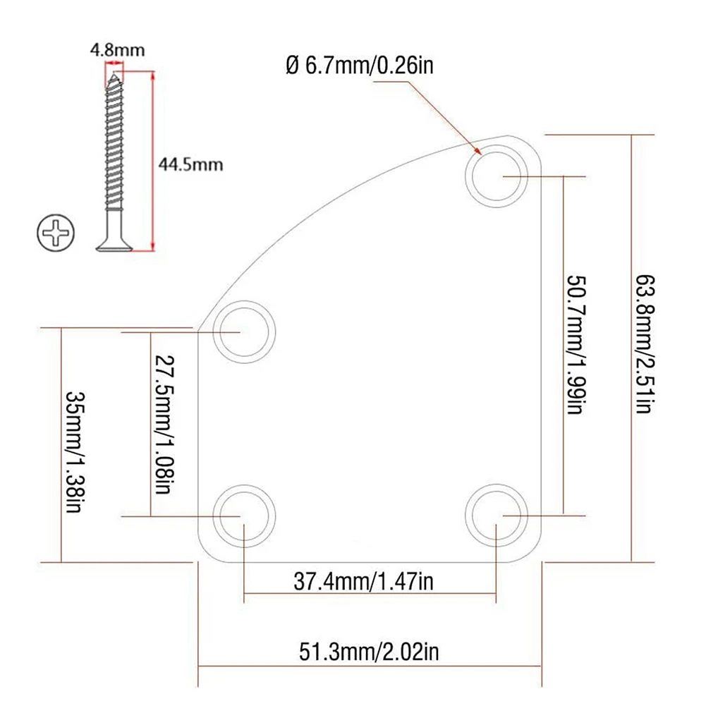 Electric Guitar Neck Plate Curved Cutaway Semi Round Asymmetry Neck Joint Back Mounting Plate 4 Holes with Screws