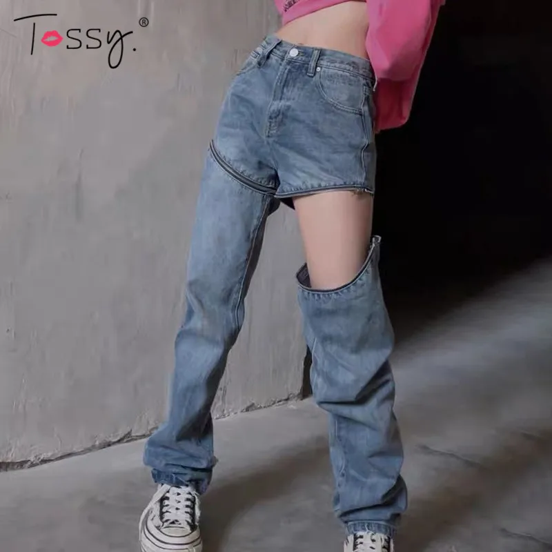 Tossy 2022 Fashion Zipper Removable Jeans Women Straight Leg Trousers Streetwear Casual High Waist Y2K E-girls Denim Pants New