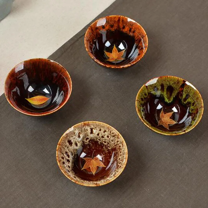 4Pc/Set Chinese Maple Leaf Pattern Tea Bowl Drinkware Chinese Crafts Tianmu Glaze Teacup Porcelain Kungfu Tea Set Bucket Cup