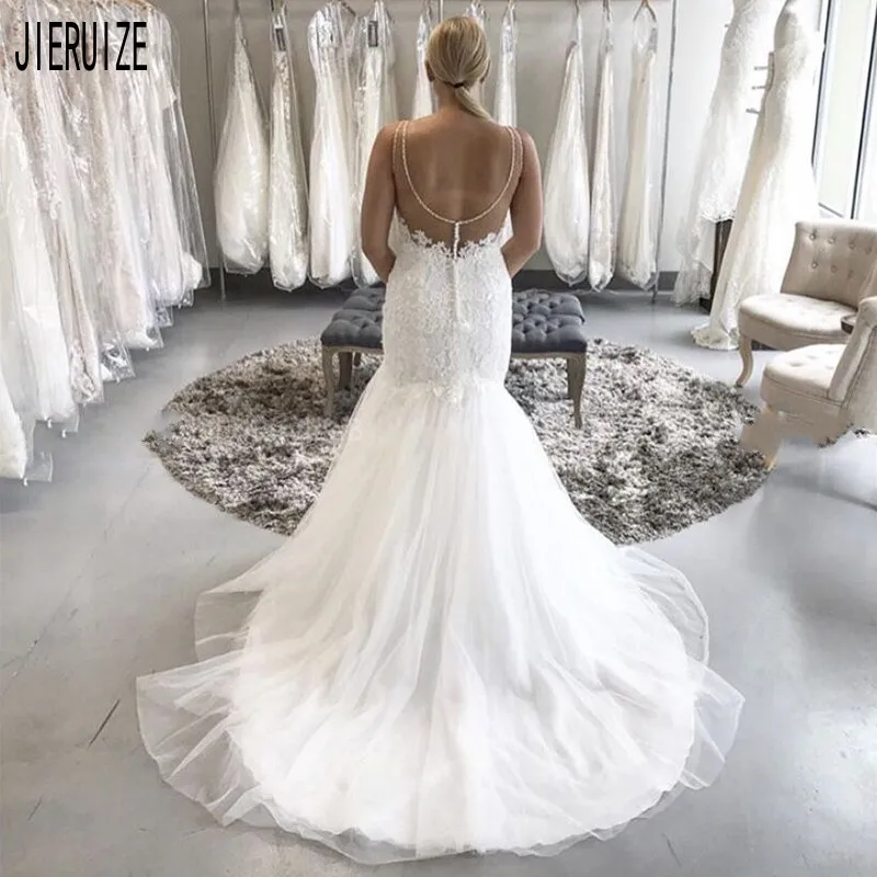 JIERUIZE White Sexy Tulle Mermaid Wedding Dresses Deep V Neck Sleeveless Lace Appliques Backless Bridal Gowns vestido de noiva