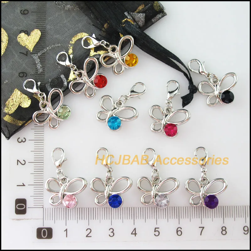 20Pcs Dull Silver Plated Mixed Crystal Butterfly Charms With Lobster Claw Clasps 14x19mm