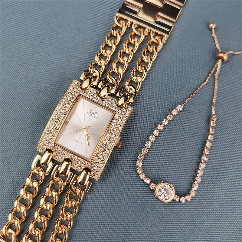 G-D Hot Sale Three-Chain Quartz Watch Girl Bracelet Set Set Diamond Women\'s Watch Gift Box Dropshipping