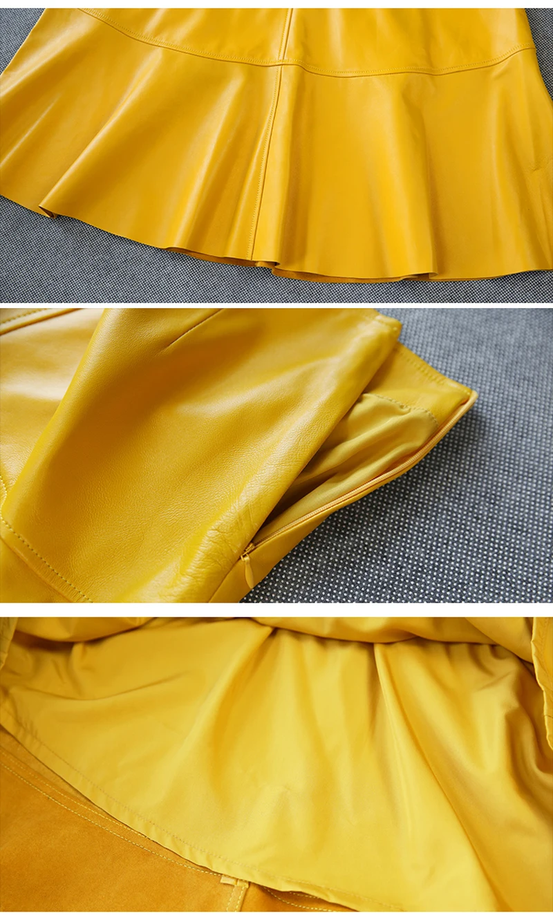 Women Genuine Leather 80 CM Long Skirt Female French Elegant Stitching Super Long Flared Saia Longa Mujer Yellow Umbrella Jupe