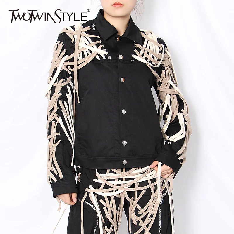 TWOTWINSTYLE Casual Bandage Women Jacket Lapel Long Sleeve Black Plus Size Jackets Female Fashion New Clothes 2022 Spring