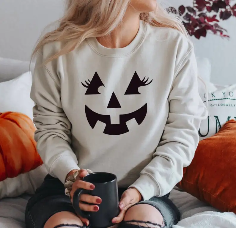 

Minimalist Halloween Sweatshirt Pumpkin FaceCrewneck Spooky Sweatshirt Hoodie Women Fashion 100%Cotton Sweatshirt Drop Shipping