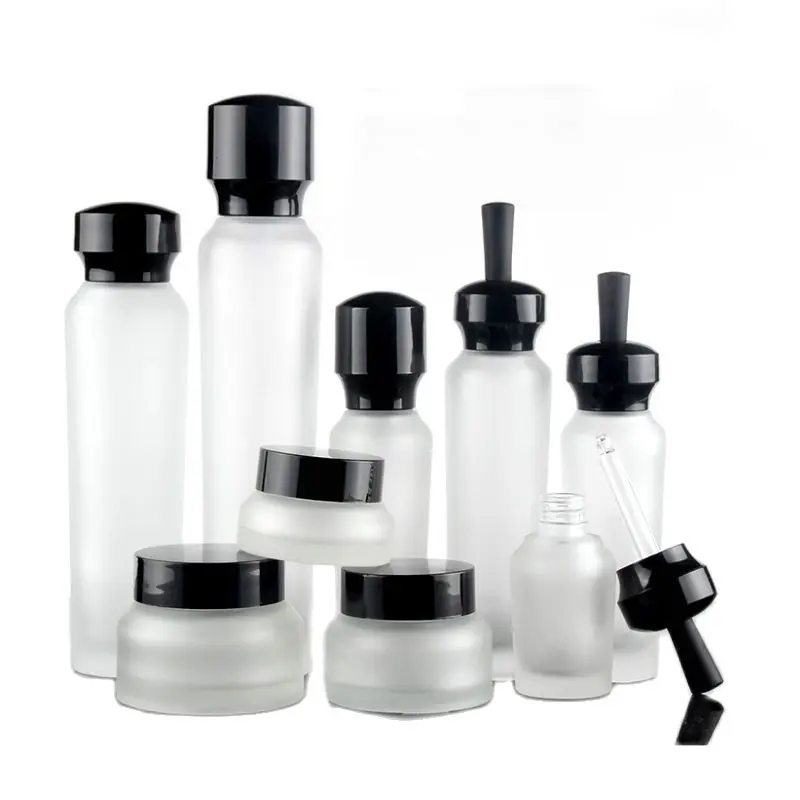 

10pcs Emulsion Lotion Pump Bottle Clear Frosted Glass Cream Jar 20/30/50/100ml Cosmetic Refillable Essential Oil Dropper Bottles