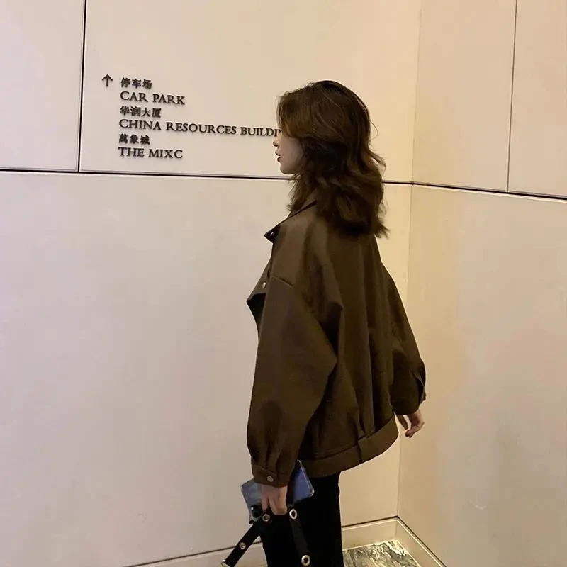 Brown Faux Leather Jacket With Belt Spring Autumn 2024 Korean Lapel Long Sleeve Black Biker Jacket Casual Streetwear Short Coat