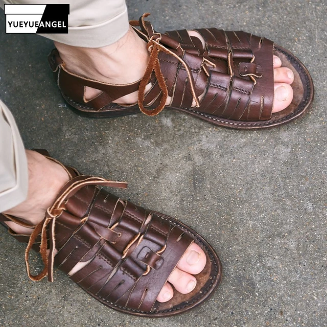 Fashion High Quality New Mens Genuine Leather Weave Manual Sandals Hasp Lace Up Cowhide Korean Style Vintage Casual Sandals AliExpress