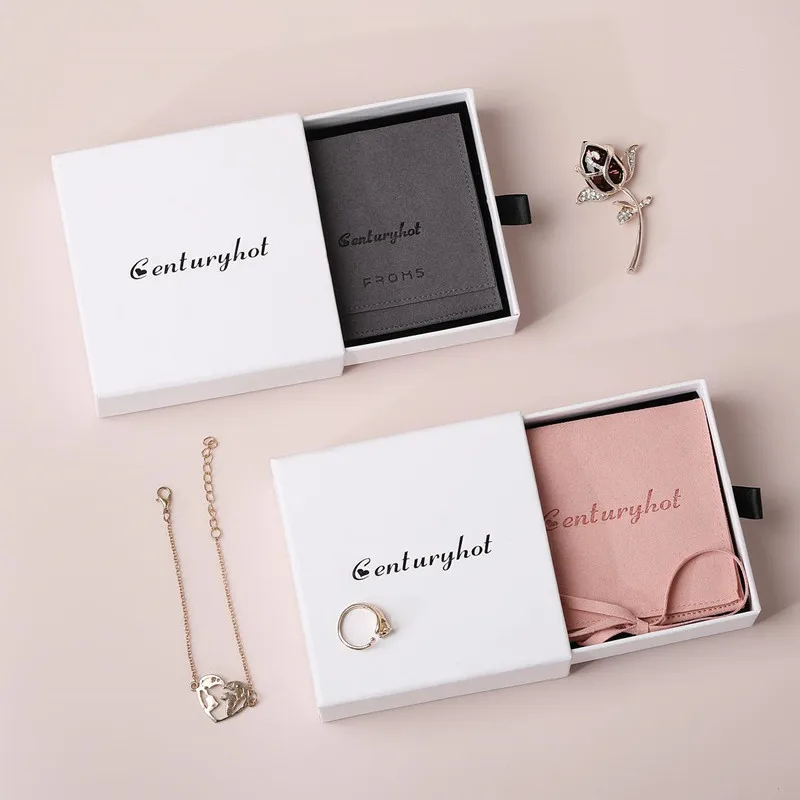 

Custom jewelry packaging Drawer box and Pink Bag Set Wedding Ring Storage Bag Jewelry Pouch Custom Logo Jewelry Packing Pouches