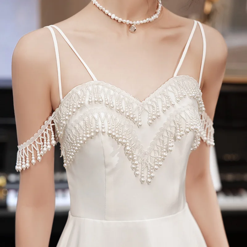 French Small Evening Dress White Suspender Small Dress Female Ladies Princess Dress Mid-length Banquet Evening Dress Women A283