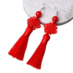 Colorful Thread Braided Chinese Knot Tassel Earrings for Women Handmade Lucky Peace Knot Long Fringed Earrings Hanging Y2K New