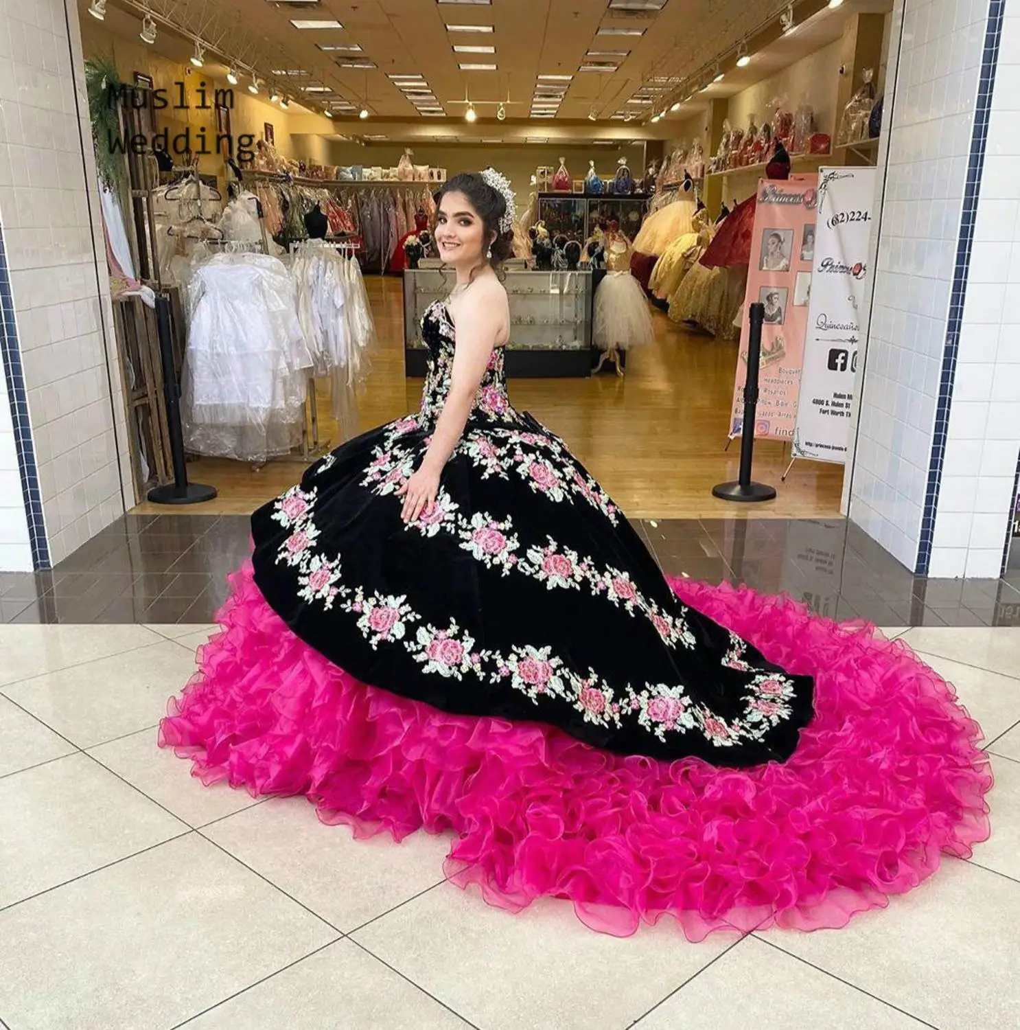 Robe de Quinceanera mexicaine rose vif brodée, robe de Rhen organza, robe de Rhextra bouffante, robe Sweet 16, élégante, masquage Tim ade, 2020