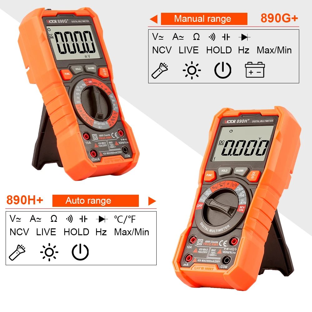 Imagem -05 - Victor Multímetro Auto Gama ac dc Amperímetro Volt Ohm Medidor com Termopar Lcd Backlight Portátil Diodo Ncv hz Live Wire Tester