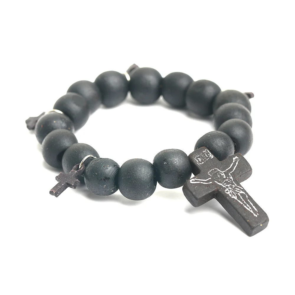 Christ Jesus Black Cross Bracelet Natural Wood Beads Beaded Elastic Bracelet Cross Bracelet Religious Bracelet Wholesale