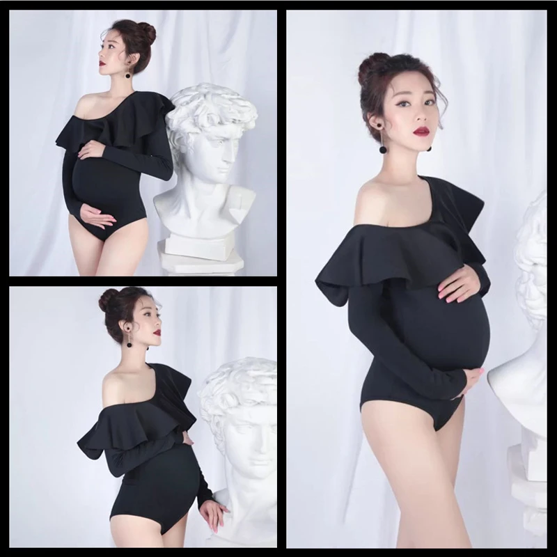 

Ruffle Maternity Black Romper for Pregnancy Photography Costume Pregnant Women Photo Shoot Jumpsuit Baby Shower Fotoshoot Cloth