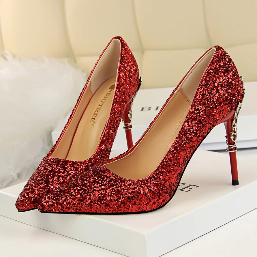 2023 Women 10cm High Heels Fetish Pumps Lady Glitter Sequins Gold Wedding Bride Heels Bling Luxury Brand Design Scarpins Shoes