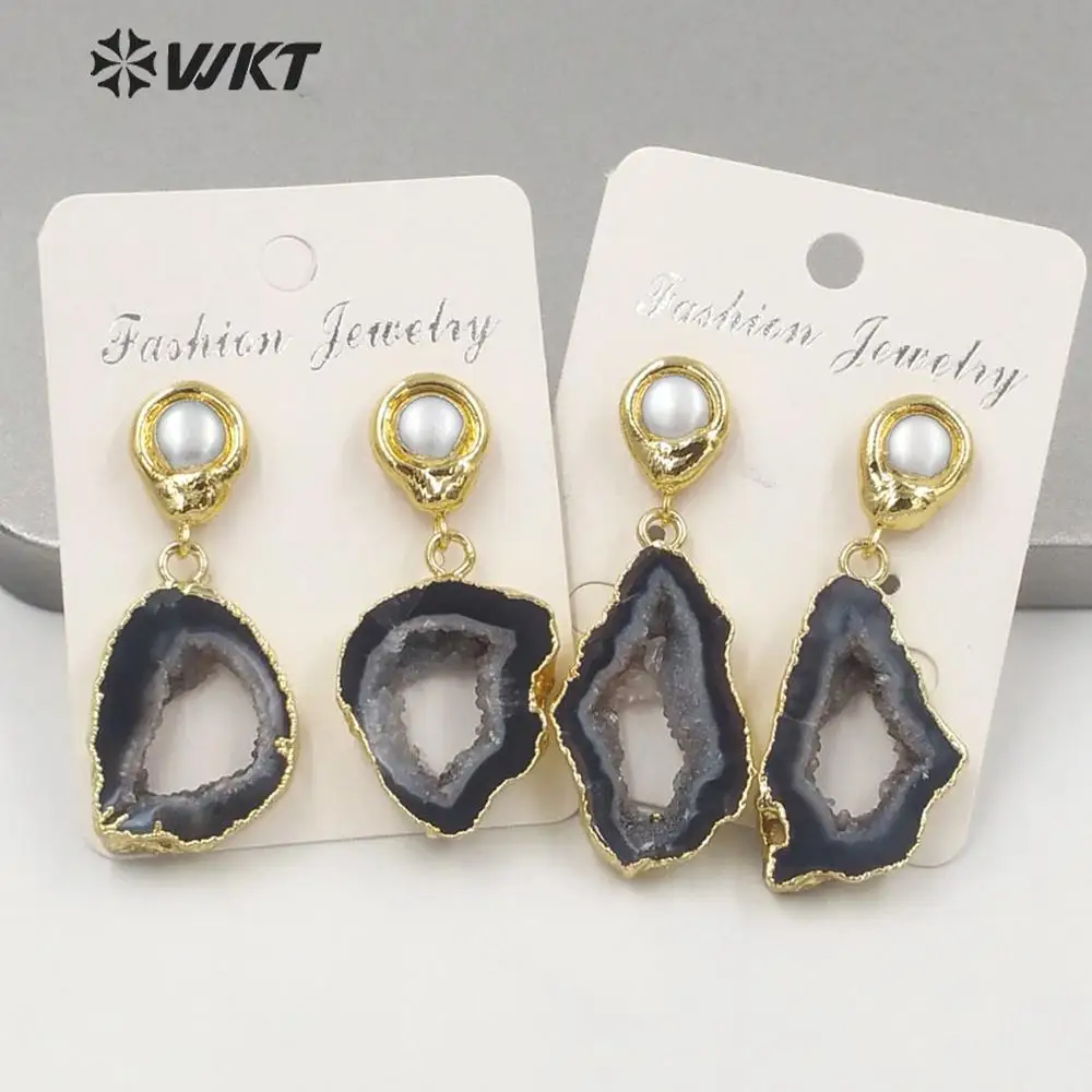 WT-E639 WKT Wholesale Women Natural Stone Earrings With Gold Electroplated Random Shape Pearl Stud High Quality Female Jewelry
