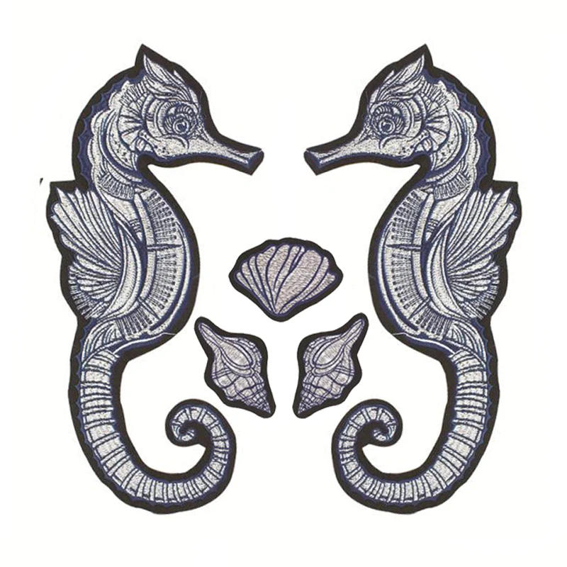 Large Seahorse Seashell Embroidered Applique Patches Iron on Crafts DIY Jacket Jeans Hat Accessories 1set P1996