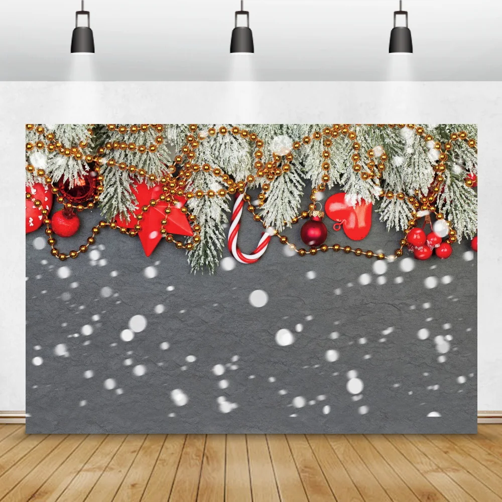 Gray Photo Background Merry Christmas Pine Leaves Winter Snow Polka Dots Decor Baby Shower Newborn Portrait Photography Backdrop