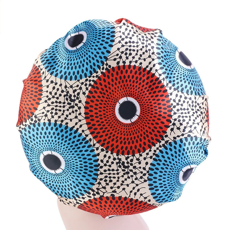 Elastic Band Large Satin Bonnet Sleeping Cap Women African Pattern Ankara Print Hat Adjustable Night Sleep Cap Soft Headcover