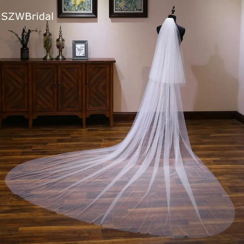 

New Arrival White Ivory Cathedral Wedding Veils Long Cut Edge Tulle Bridal headwear Welon Voile mariage Wedding accessories