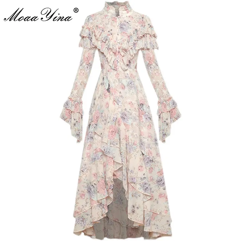 MoaaYina 2021 Summer Runway Elegant Party Dress Women Stand collar Fashion Floral Embroidered Print Long Asymmetrical Midi Dress