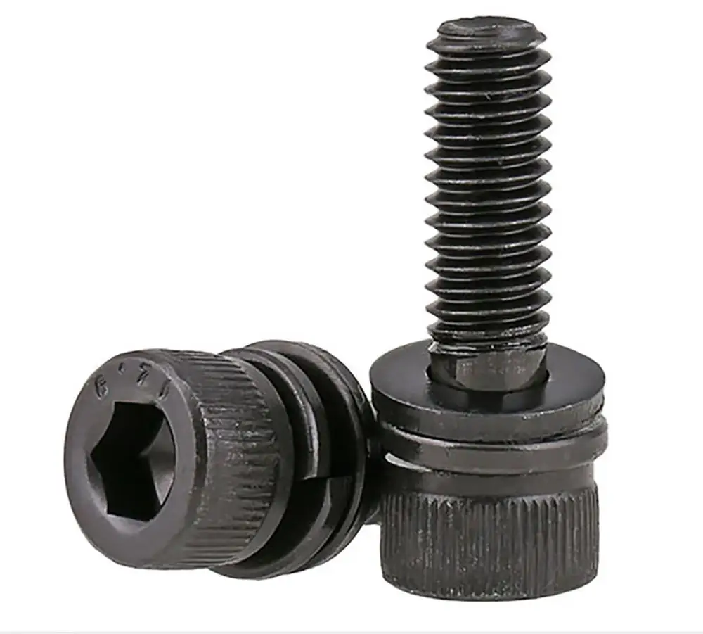 Black Hex Hexagon Socket Cap Head Three Combination Screws M3-M12 Allen Bolts Sping Washer/Flat Washer Kit Set 12.9 Grade