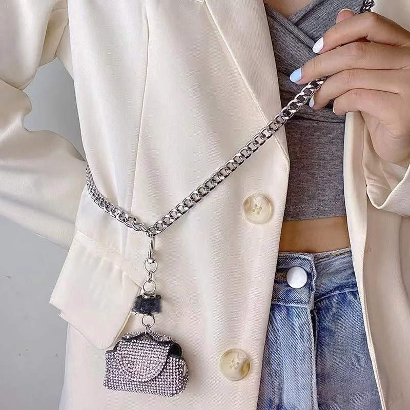 Internet Celebrities Silver Female Metal Chain Belt Diagonal Span Mini Full Diamonds Waist Bag Accessories Ins Tide Thin Strap