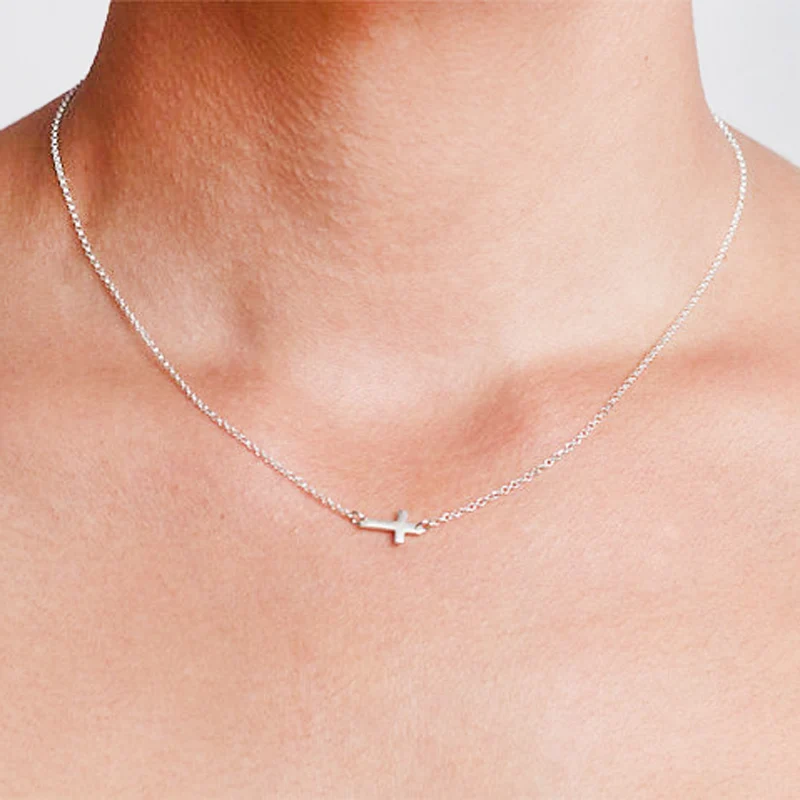 Tiny Silver Color Sideways Cross Necklace For Women Cute Girls Chain Choker Female Prayer Christian Jewelry Party Gift