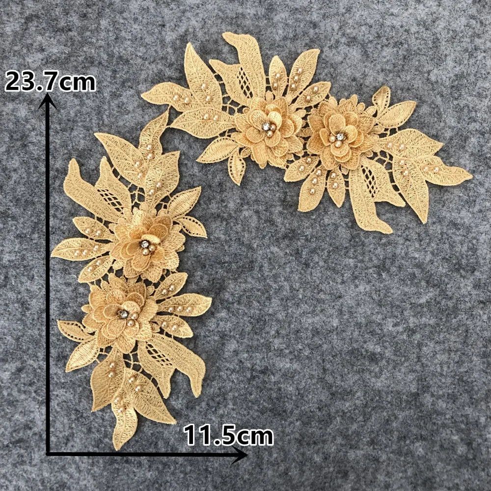 A pair of Polyester Flowers Hollow ABS pearl 3D Rhinestone Lace for Sewing Baby Hair Band Application Dress Embroidered Fabric