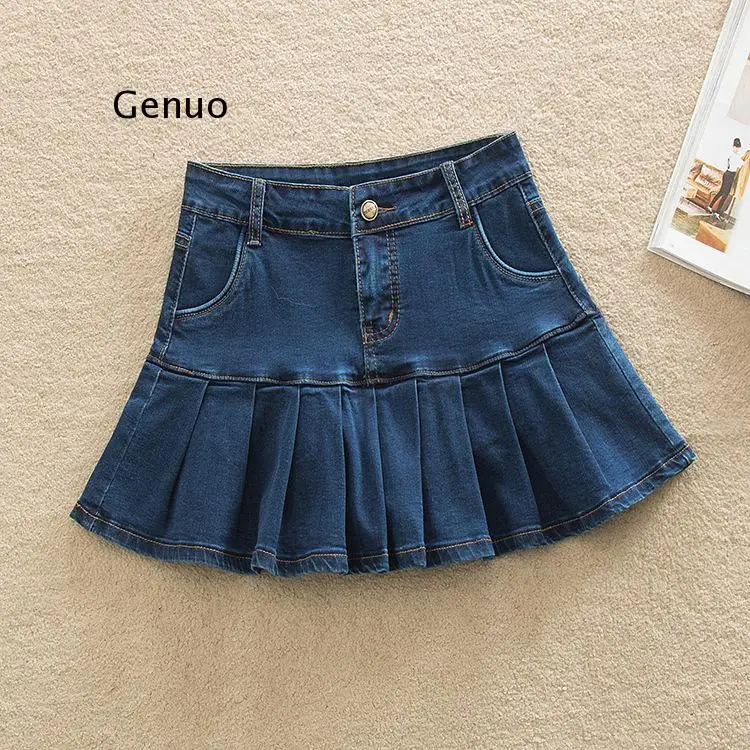 

Denim Skirt with Ruffles Jeans Skater Woman High Waist Bottom Female Casual Pleated Micro Mini Short Jurken