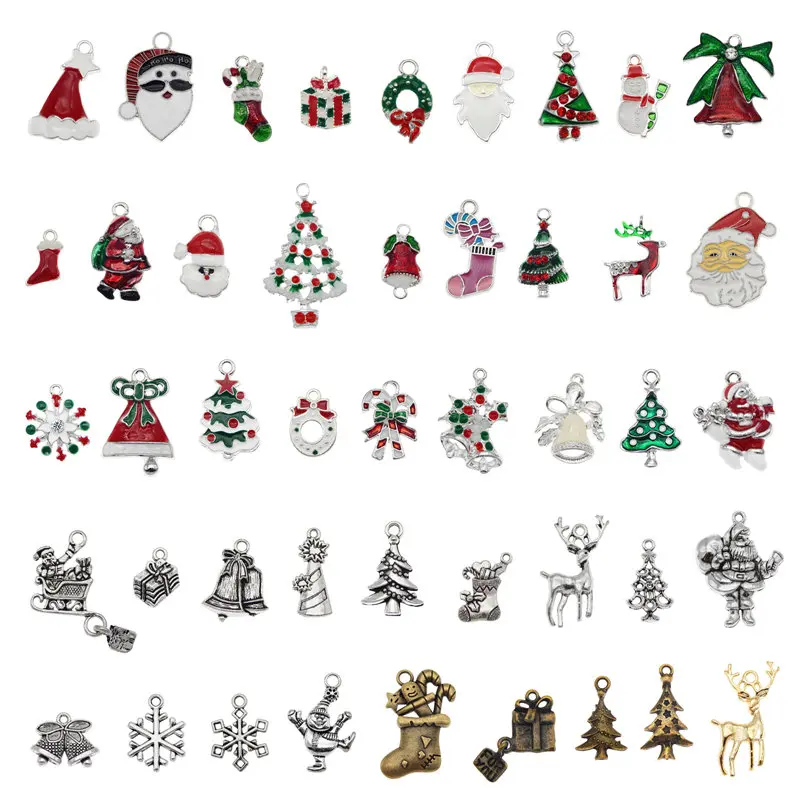 Julie Wang 10PCS Christmas Charms Random Mixed Enamel And Alloy Santa Claus Tree Bell Hat Pendant Jewelry Making Accessory