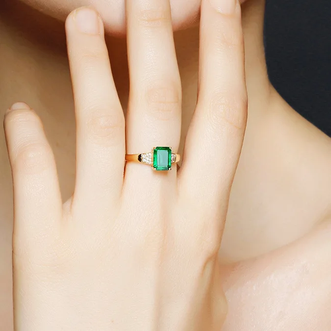 Natural Emerald Rings for Loves Soild 14K Yellow Gold Engagement for Couples Vintage Temperament Luxury Jewelry Resizable Gift