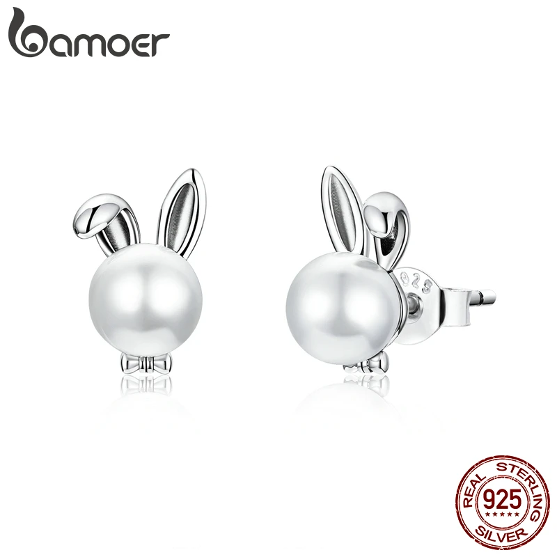 BAMOER 925 Sterling Silver Cute bunny Earrings for Women Wedding Engagement Ear shell pearl Hypoallergenic Brincos BSE463