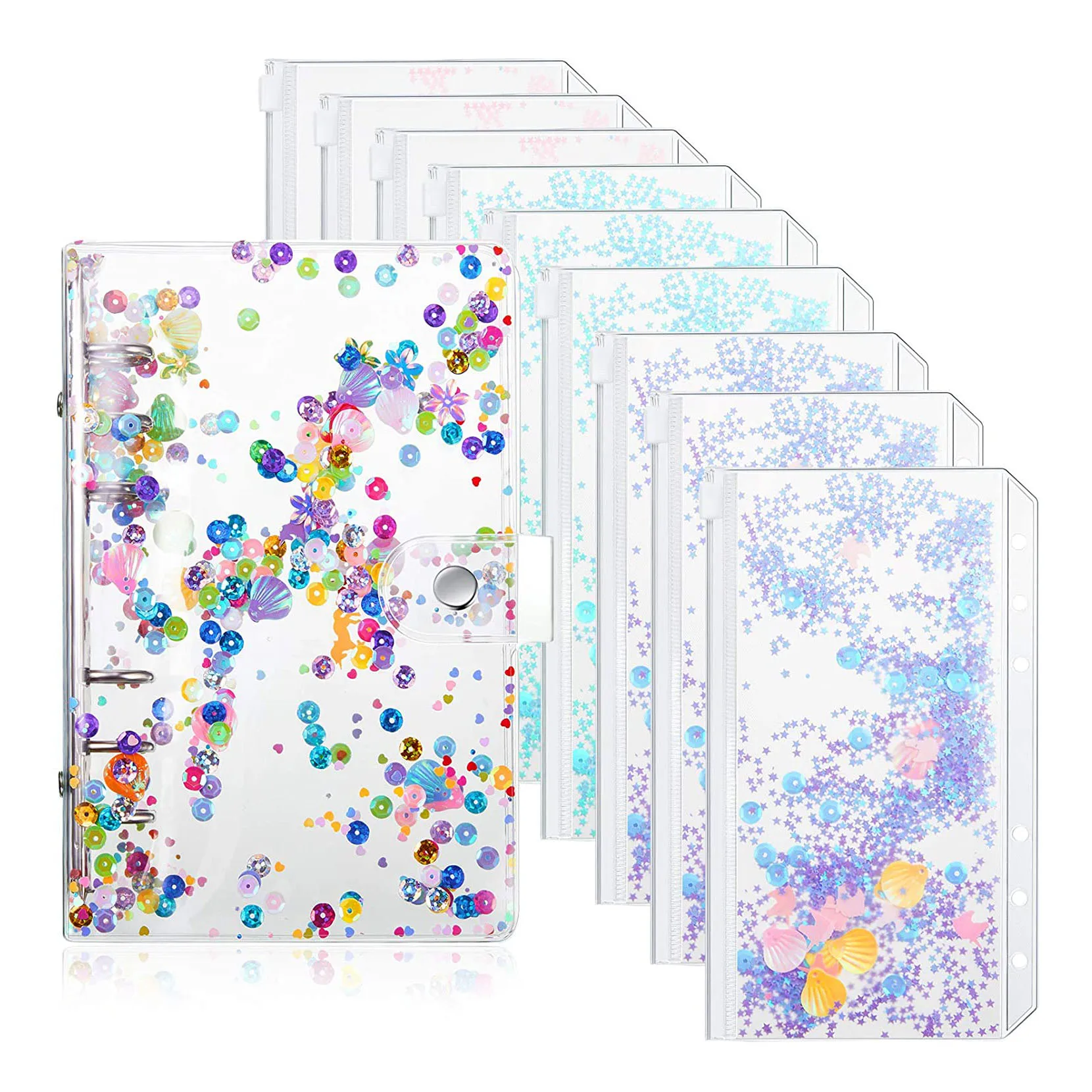 10 un a6 capa de pvc com glitter macia para planejador de sistema, inclui 9 peças de bolsos de zíper com folhas soltas e areia movediça