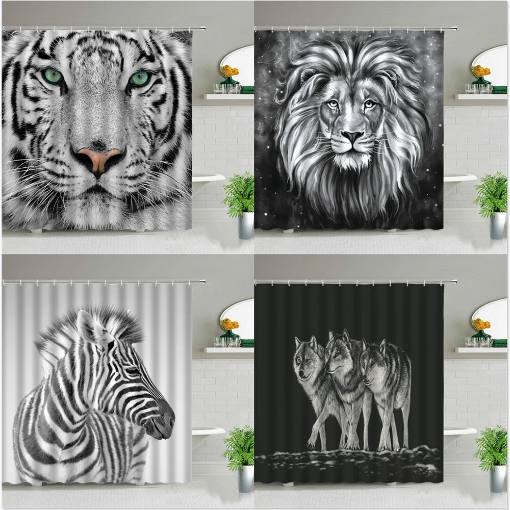 Lion Tiger Wolf Zebra Shower Curtains Animals Print Bathroom Waterproof Fabric For Cloth Curtains Bath Screen Home Bathtub Decor