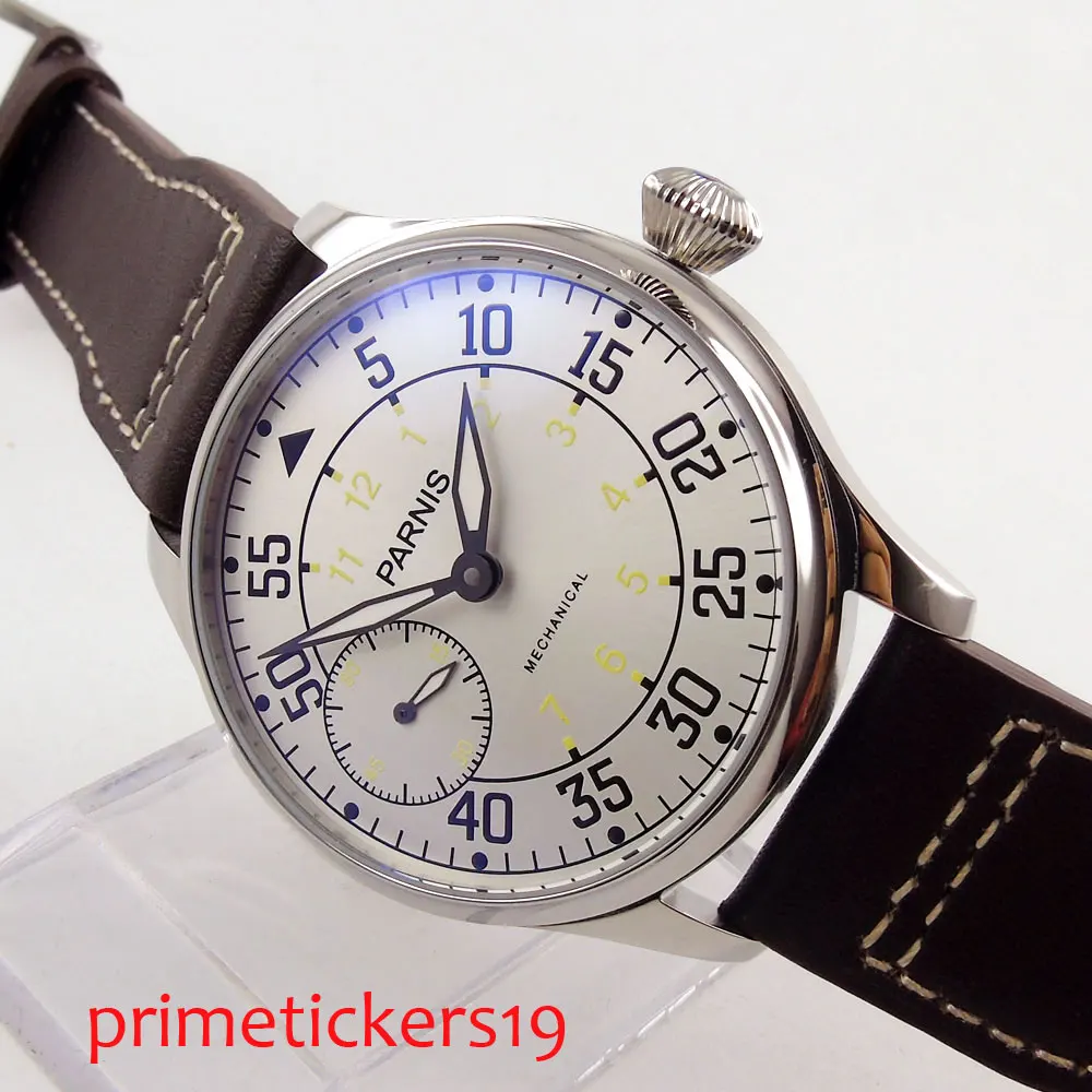 44mm Parnis Hand Wind Mechanical Watches Silver Case Hand Winding Watch Men Leather Strap With Box Gift Top Luxury Brand 2022