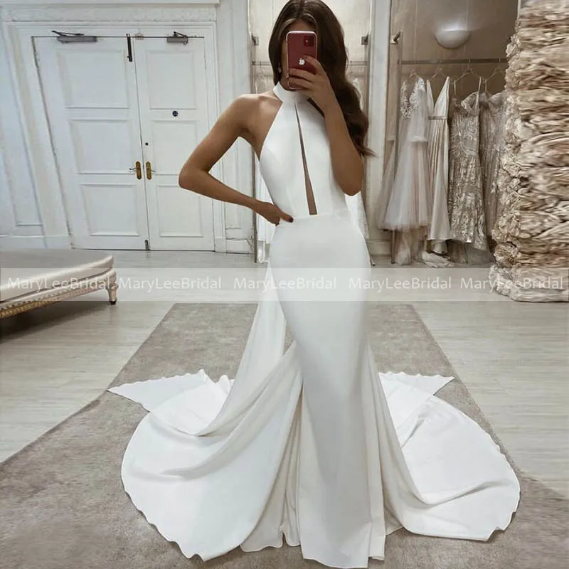 

Sexy Halter Neck Mermaid Wedding Dress With Streamer Hollow Backless White Bridal Gown Buttons Back Chapel Train Robe De Mariee