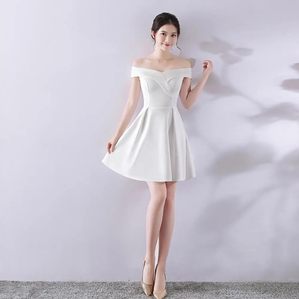 

Beauty-Emily Off Shoulder Short Evening Dresses Satin Pleated Party Dress Prom Gowns Summer Women Dress 2020 Hot robe de soiree
