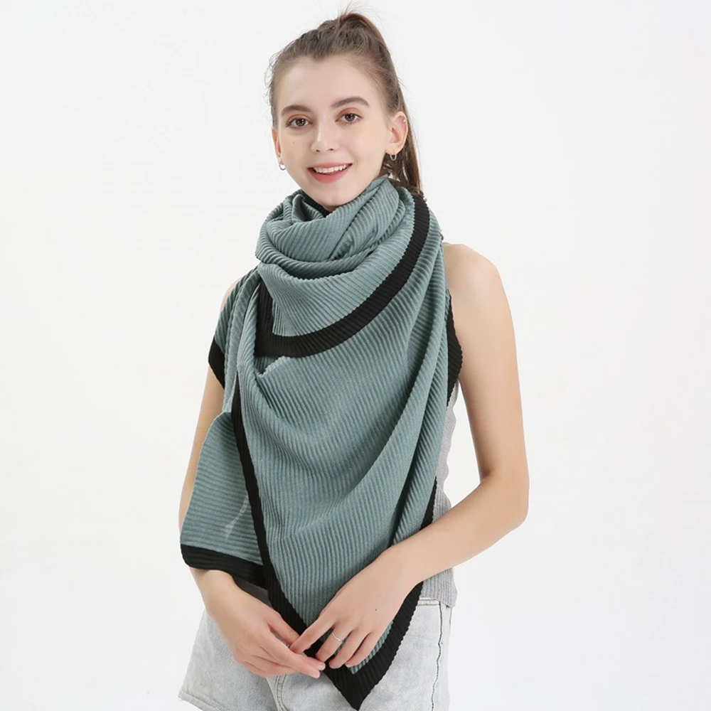 

Autumn Winter New Pleated Edging Scarf Women Thickening Warm Cotton and Linen Crease Shawl Lady Korean Solid Color Bib Female