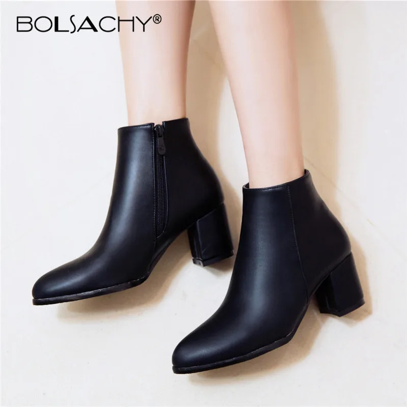 Fashion Autumn Winter Women Boots Side Zipper Comfortable Mid High Heels Shoes Woman Pointed Toe Ankle Boots Zapatos Mujer 33-43