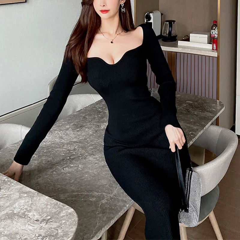 Elegant Knitted Black Midi Dress Women Korean One Piece Vintage V-neck Y2K Bodycon Dress Casual Slim Evening Party Dress 2021