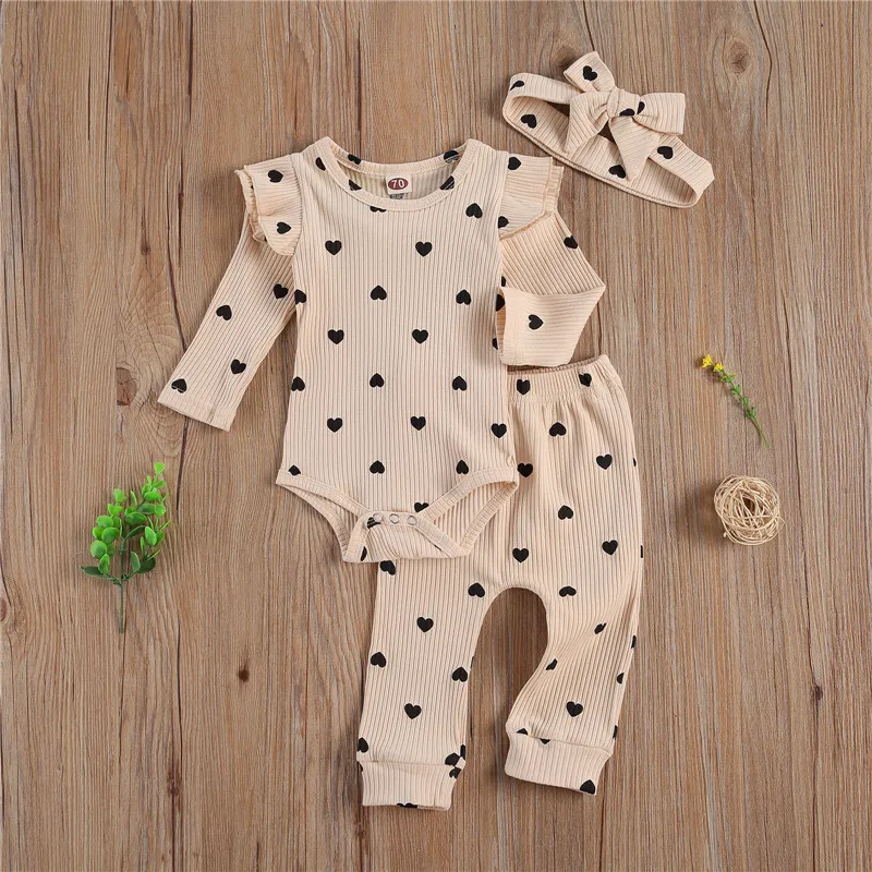 Blotona Newborn Baby Ribbed Suit Girl Boy Heart Print Crew Neck Long Sleeve Romper Top+Long Pants+Hairband 3Pcs Outfits 0-24M