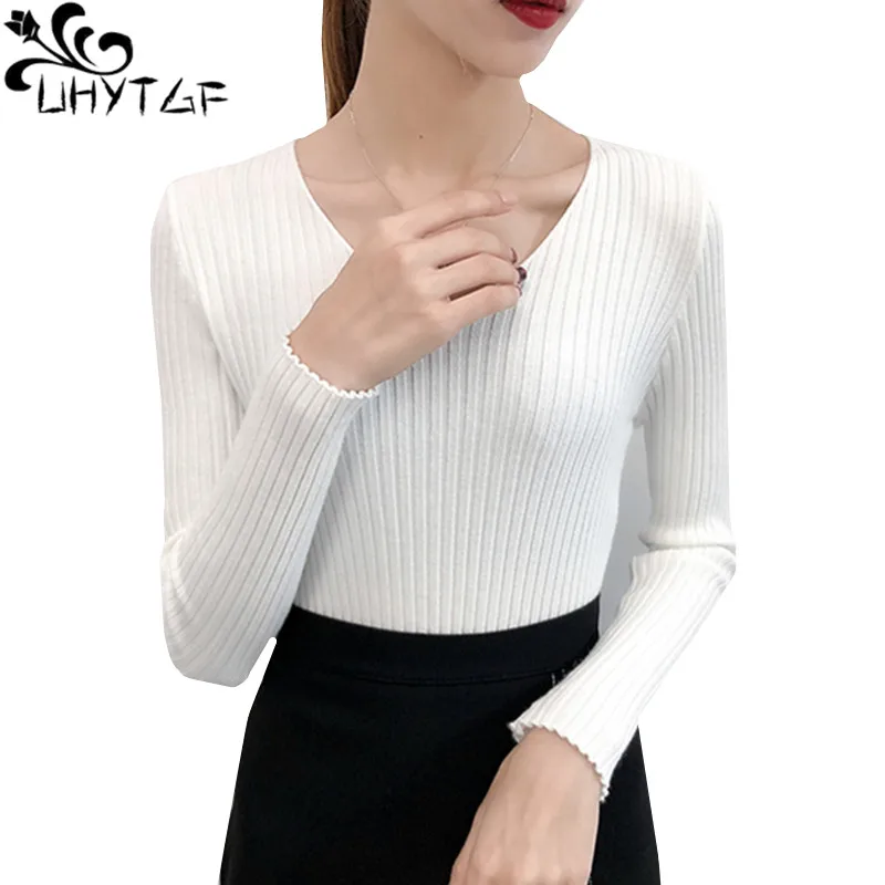 

UHYTGF Sweaters women Knitted pullover autumn sweater female Solid color V-neck slim Elasticity short tops Special wholesale 241