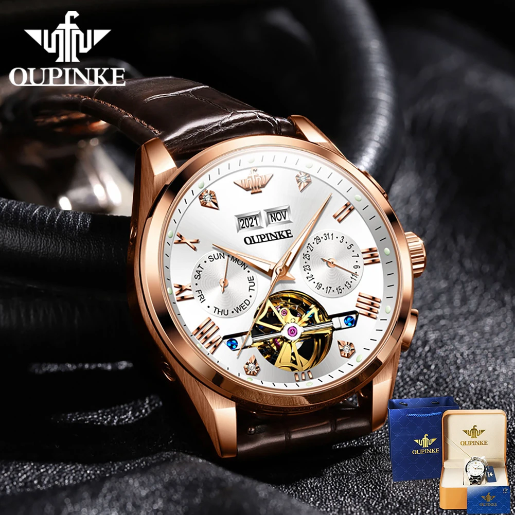 OUPINKE Luxury Automatic Watches Men Mechanical Tourbillon Leather Sapphire Wristwatch Waterproof Sports Top Brand Montre homme